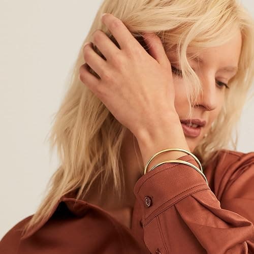Kainier 3mm 14K Gold Plated Bracelet Stainless Steel Glossy Stackable Thin Round Bangle Bracelet for Women Solid Plain Polished Bracelet Best Gifts for Love thumbnail 4