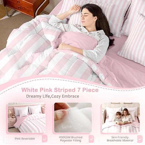 Feelyou White Pink Striped Comforter Set with Sheets 7 Piece Twin Size Striped Bed in a Bag Kids Boys Girls Bedding Set Basic Simple Bedroom Decor Breathable Soft Lightweight Microfiber thumbnail 5