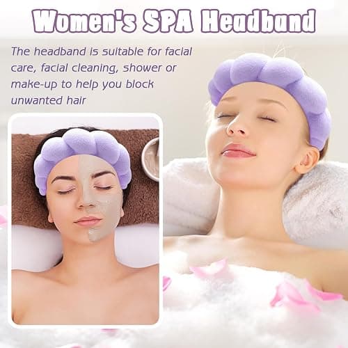 Zkptops Spa Headband for Washing Face Wristband Set Sponge Makeup Skincare Headband Terry Cloth Bubble Soft Get Ready Hairband Women Girl Puffy Padded Headwear Non Slip Thick Hair Accessory(Purple) thumbnail 3