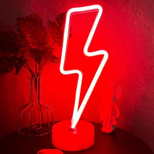 VIFULIN Lightning Bolt Neon Signs Red Lightning Neon Sign Light for Bedroom, USB/Battery Operated Thunder Lamp Neon Sign, Stand Lightning Shape LED Sign Decor for Shelf Desk Table Game Room Man Cave - Image 1
