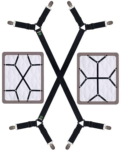 FIBOOMERANG Bed Sheet Straps - Crisscross Fitted Sheet Clips and Sheet Holder Elastic Bands Bedsheet Fasten Suspenders Grippers, 2Pcs/Set Black - Black - All sizes - Image 1
