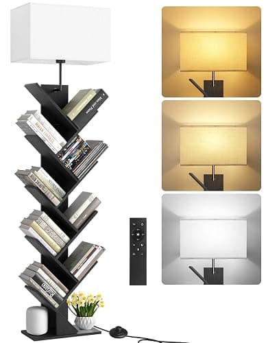 OUTONLIFE 9 Tier Tree Bookshelf with Light, Remote & Timer, Dimmable Tall Floor Book Shelf, Narrow Wood Bookcase, Small Book Organizer Shelves for Living Room, Bedroom, Home Office (Black) - Image 1