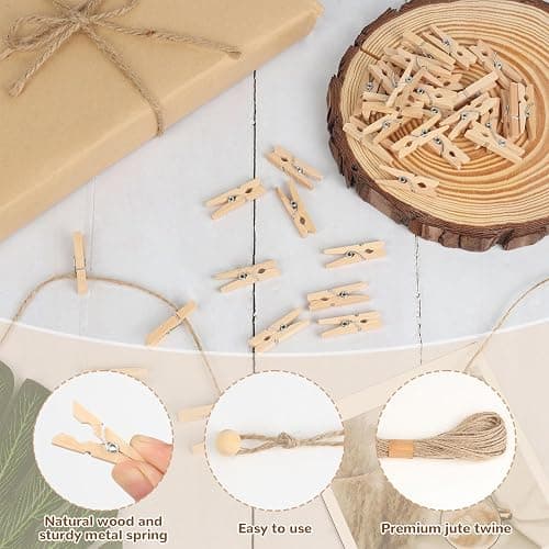 100 Pcs Wooden Clothespins for Photo Hanging Display, Mini Clothes Pins with String, Photo Display Hanging Clips for Crafts Pictures Photos Home Birthday Wedding Party Decoration thumbnail 5