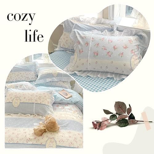 AMZTOP Cute White Ruffle Duvet Cover Set Queen Size Reversible Blue Floral Plaid Comforter Cover with 2 Pillowcases 100% Cotton Romantic Kawaii Bedding Set with Zipper Closure, Queen 90 * 90” thumbnail 5