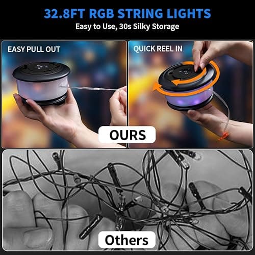 Camping String Lights,2 in 1 Upgraded 32.8FT Rechargeable Tent Lights String with 19 Lighting Modes,Quick Storage Camping Lights，Portable LED Lamp for Bedroom Yard Decor Christmas Camping(Black) thumbnail 7