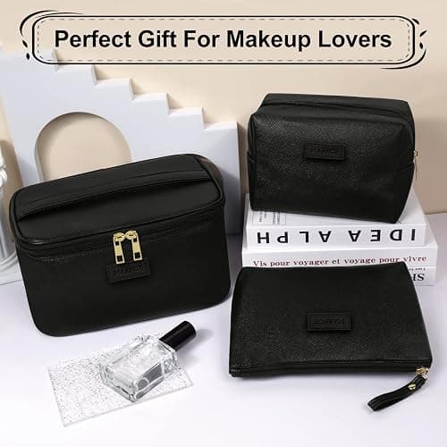 MAANGE Makeup Bag Waterproof Travel Cosmetic Bag PU Leather Cosmetic Pouch Portable Makeup Organizer Bag Large Capacity Toiletry Bag Multifunctional Storage Make Up Bag for Women (Black, 3Pcs) thumbnail 7