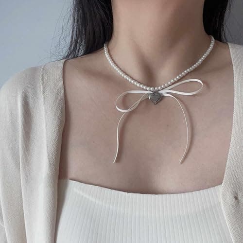 Pearl Ribbon Bow Choker Necklaces Y2k Coquette Pearl Necklace with Heart Bow Necklace for Women thumbnail 6