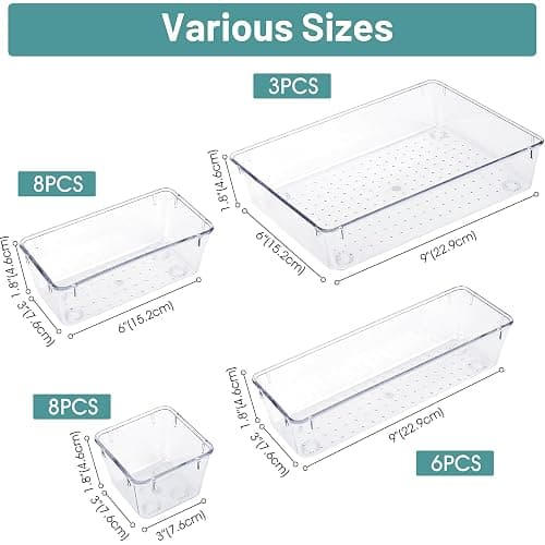 WOWBOX 25 PCS Clear Plastic Drawer Organizer Set, 4 Sizes Desk Drawer Divider Organizers and Storage Bins for Makeup, Jewelry, Gadgets for Kitchen, Bedroom, Bathroom, Office - Clear thumbnail 2