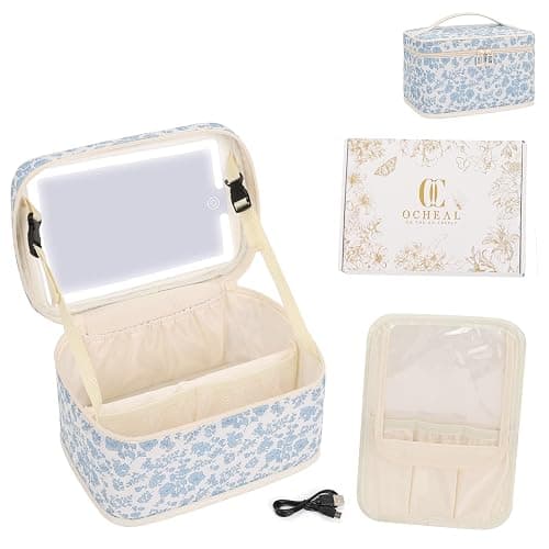 Makeup Bag With LED Mirror, Lightweight Travel Makeup Bag With 3 Color Setting Light Up Mirror Cosmetic Makeup Organizer Vanity Case for Women Beauty Tools Accessories Rechargeable Train Case-Floral thumbnail 8