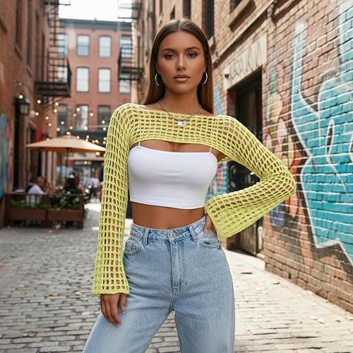 Mincib Womens Crochet Shrug Y2K Hollow Out Bolero Shrug See Through Cropped Knit Sweater Top thumbnail 3