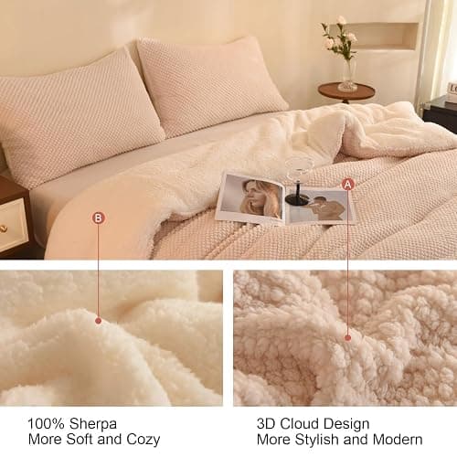 LLanCL 3D Jacquard Design Comforter Set, Ultra-Soft Warm King Size Sherpa Fur Plush 3-Pieces Sets Luxury Cozy Bedding with 2 Pillowcases (104"x90", Cream White) thumbnail 4