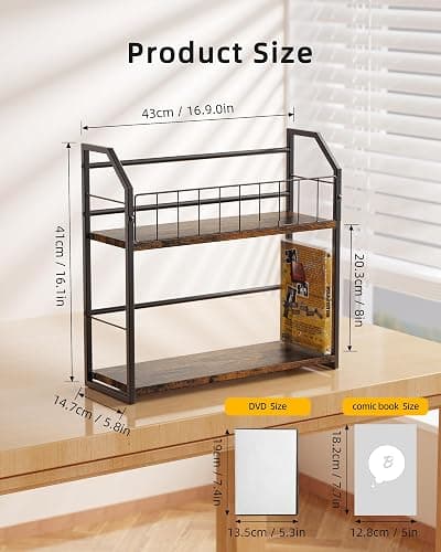 TJ.MOREE 2 Tier 56 Capacity DVD Rack/Storage/Holder and Vinyl Record Storage, Industrial Retro Carbon Steel/Wood, Space Saving Desktop Organizer thumbnail 3