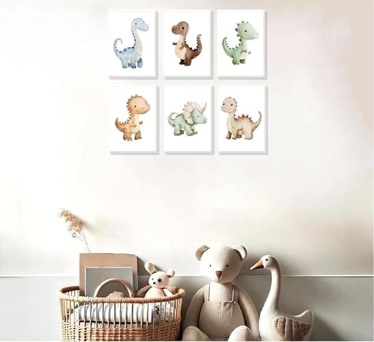 6Pcs Dinosaur Nursery Wall Art Kids Room Canvas Poster Toddler Baby Watercolor Dino Wall Decor Dinosaur Painting Prints Cute Dino Pictures for Nursery Bedroom Boy Playroom Framed thumbnail 3