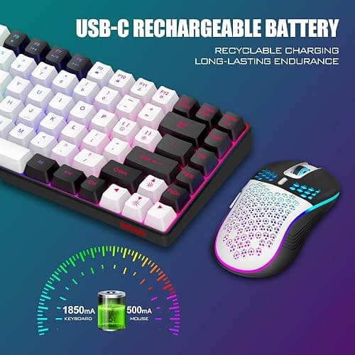 RedThunder K84 Wireless Keyboard and Mouse Combo, LED Rainbow Backlit Rechargeable Battery, 75% Layout TKL Ultra Compact Gaming Keyboard & Lightweight 3200 DPI Honeycomb Optical Mouse (White-Black) thumbnail 3