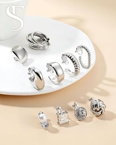 FIBO STEEL 10 Pairs Clip On Earrings for Women Non Pierced Ears CZ Pearl Knot Twist Chunky Hoop and Studs Earring Set Ear Clips Jewelry 14K Gold Plated thumbnail 7