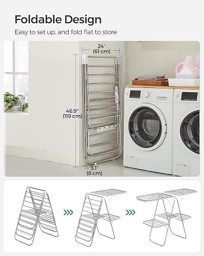 SONGMICS Clothes Drying Rack, Foldable 2-Level Laundry Drying Rack, Free-Standing Laundry Airer, with Height-Adjustable Wings, 33 Drying Rails, Sock Clips, Silver and White ULLR053W01V1 thumbnail 7