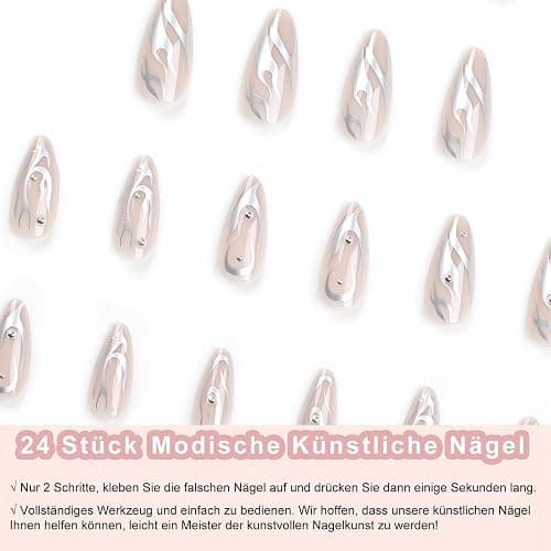 24 Stück Press on Nails Kurz, Oval Künstliche Nägel im Weiß-europäischen Flammenstil, French Nägel Zum Aufkleben, Glossy Mandel Kunstnägel Press on Nails mit Nagelkleber für Frauen (Silver flame, 24x) thumbnail 4
