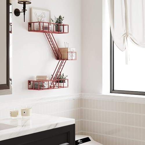 Fire Escape Wall Shelf with Baskets, 3-Tier Metal Fire Escape Ladder Shelf Wall Organizer, New York Inspired Decorative Shelf, Red Floating Action Figurine Display Shelves for Bedroom, Home Décor. thumbnail 4