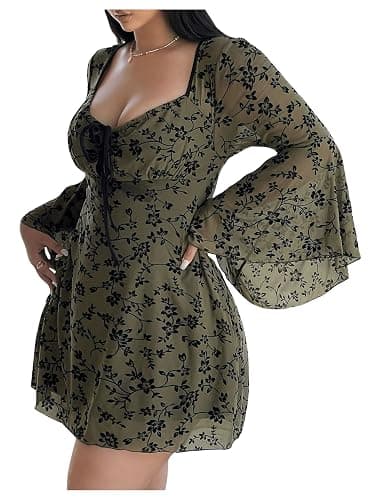 Floerns Women's Plus Size Floral Gothic Dress Flare Long Sleeve Mesh Grunge A Line Dress - Image 1