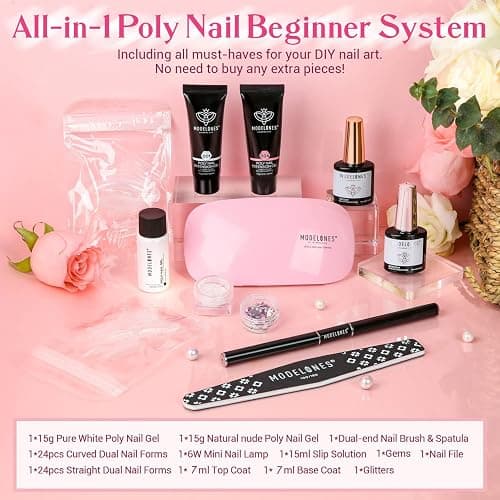 Modelones Poly Nail Gel Kit Builder Extension Gel Nude White French Colors with Nail Lamp Slip Solution Rhinestone Manicure Complete Kit DIY Art Design Beginner Gift thumbnail 9