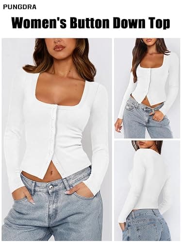 Pungdra Womens Button Up Tops for Women Knit Ribbed Fitted Button Down Cardigan Long Sleeve Going Out Tops Fall Clothes thumbnail 3