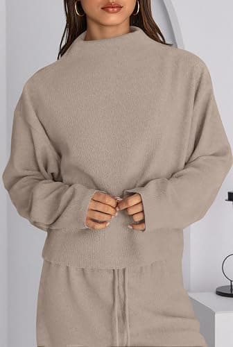 PRETTYGARDEN Two Piece Sets for Women Fall Sweatsuit Long Sleeve Knit Mock Neck Tops Wide Leg Pants Lounge Set Travel Outfits thumbnail 4