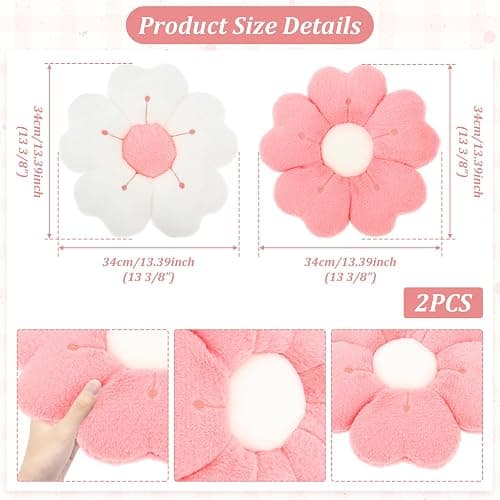 2Pcs Flower Pillow,34cm Plush Thick Flower Cushion White & Pink Aesthetic Daisy Pillow,Soft Fluffy Preppy Cushion Lumbar Suppor Mat Room Decor for Car Home Sofa Chair Bedroom Floor(Pink+White) thumbnail 2