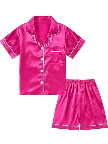 DIPUG Girls Silk Pajamas Set Satin Pjs for Kids Comfortable Nights Sleepwear - Short Sleeve Shorts Set - 10-11 Years - Hot Pink - Image 1
