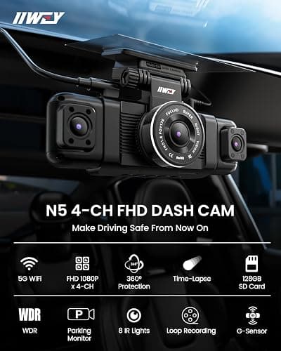 IIWEY N5 4 Channel Dash Cam 360° View, 1080P Front and Rear Inside, Left Right Dash Camera for Cars, 8 IR Lamps Night Vision, 5G WiFi & APP Control, G-Sensor, Parking Mode, with a Free 128GB SD Card thumbnail 2