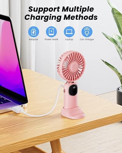 coldSky Portable Handheld Fan, 4000mAh Battery Operated with LED Display, Handheld/Neck/Desk 3 in 1 Personal Small Fan, 90° Foldable Desk Fan with Base, 5 Speed Lash Makeup Fan for Women thumbnail 9