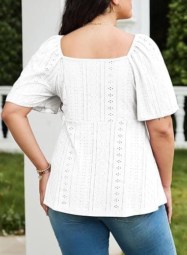 Eytino Womens Plus Size Tops Sweetheart Neck Short Sleeve Eyelet Embroidery Summer Loose Peplum Shirts(1X-5X) thumbnail 2