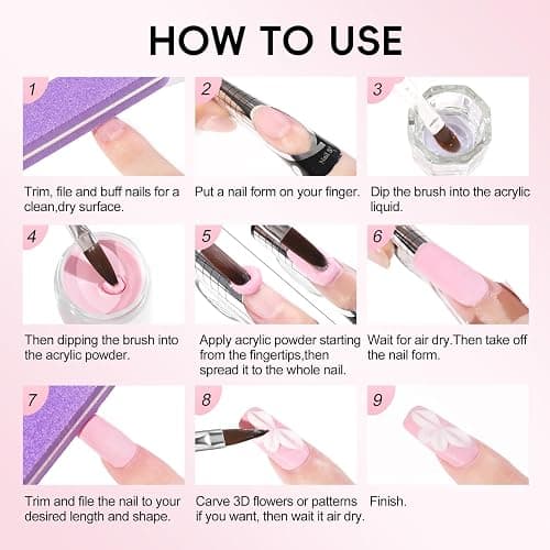 PEACECOLOR Acrylic Nail Kit Starter Kit, 3 Colors Pink Clear White Acrylic Powder Set with Nail Brush Cuticle Oil Nails Forms Nail Art Basic Kit for Women Home DIY thumbnail 8