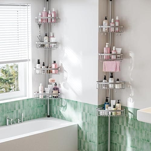 ESSEME Corner Shower Caddy Tension Pole: Adjustable Rustproof 4-Tier Inside Bathroom Organizer - 47-121 inch Quick Installation Bathtub Shelves for Shampoo Storage - Rod Floor Standing Bath Rack thumbnail 5
