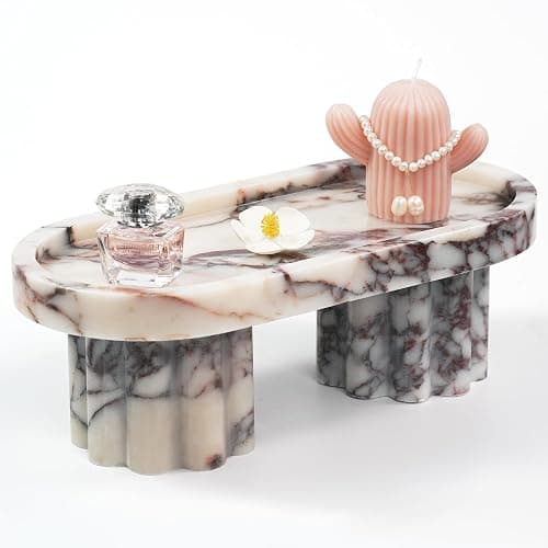 LWALMS Marble Perfume Tray with Legs - Oval Decorative Stone Pedestal for Bathroom Vanity Coffee Table Kitchen Countertop, Footed Jewelry Candle Organizers Catchall Plate Riser with Scalloped Feet thumbnail 5