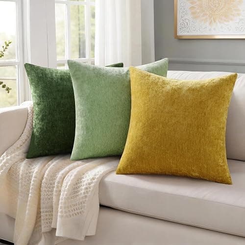 decorUhome Chenille Sage Green Summer Throw Pillow Covers 20x20 Inch Set of 2, Decorative Soft Couch Pillow Covers Solid Dyed Accent Farmhouse Neutral Square Pillow Cases for Sofa thumbnail 6
