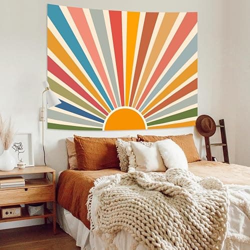 Kanuyee Boho Burning Sun Tapestry Wall Hanging, Retro 70s Abstract Vintage Geometric Rainbow Sunrise Tapestries for Bedroom Living Room Backdrop 36×48 inch thumbnail 5