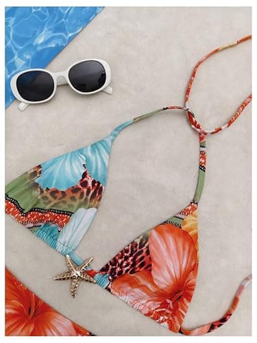 RoseSeek Women's 2 Piece Leopard Floral Bikini Sets Halter Triangle String Bathing Suit Starfish Metal Swimsuits thumbnail 3