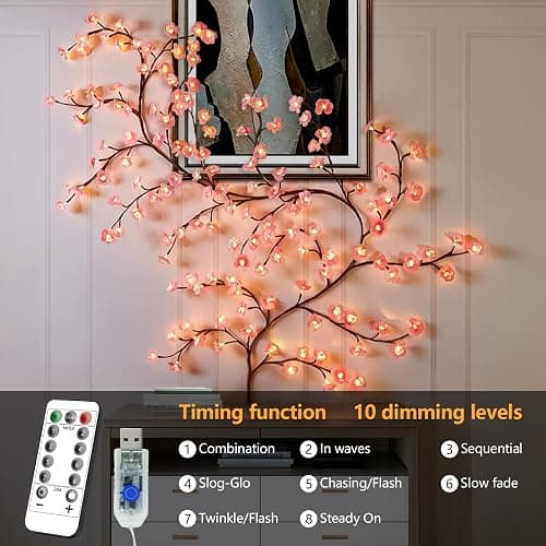FNHMSL Cherry Enchanted Willow Vine Lights, 4FT 48LED Pink Cherry Blossom Tree Branch Lights for Wall, Remote Timer,8 Light Model,Bedroom Wall Doors Wedding, Christmas, USB Battery Box thumbnail 3