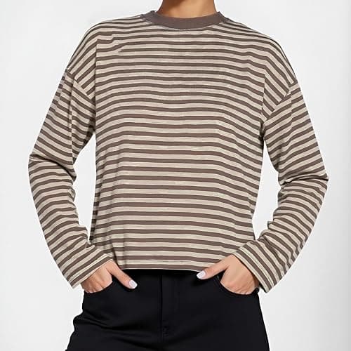 JINZIYINZI Women Striped Long Sleeve Baggy T Shirts Y2k Vintage Stripes | Oversized Boxy Tees Cropped Tops Stripped Sweatshirt Fall Preppy Teen Girl Clothes thumbnail 3