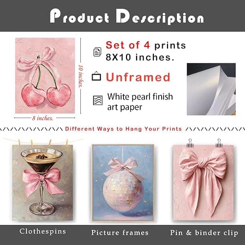 Qykwz Preppy Girly Pink Bow Wall Art Prints, Coquette Pink Bow Cherry Disco Ball Espresso Martini Posters Pictures Wall Decor for Girls Bedroom Dorm Home Bar Club, 8x10 Unframed Set of 4 thumbnail 2