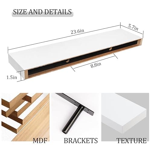 BAMEOS Floating Wall Shelves 24 x 6 Inch – Easy-Install Hanging Shelves with Hardware Included | Modern Decor Shelf for Bathroom, Bedroom & Living Room Storage, Set of 2, White thumbnail 3