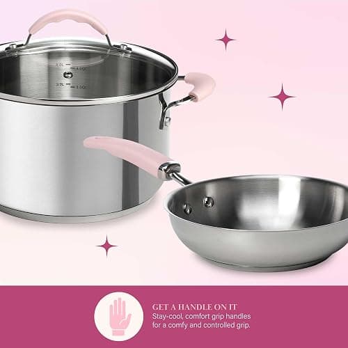 Paris Hilton Stainless Steel Pots and Pans Set with Stay-Cool Pink Handles, Tempered Glass Lids, Bonus Heart Shaped Measuring Cups and Spoons, Dishwasher Safe Cookware, 10-Piece Set thumbnail 6