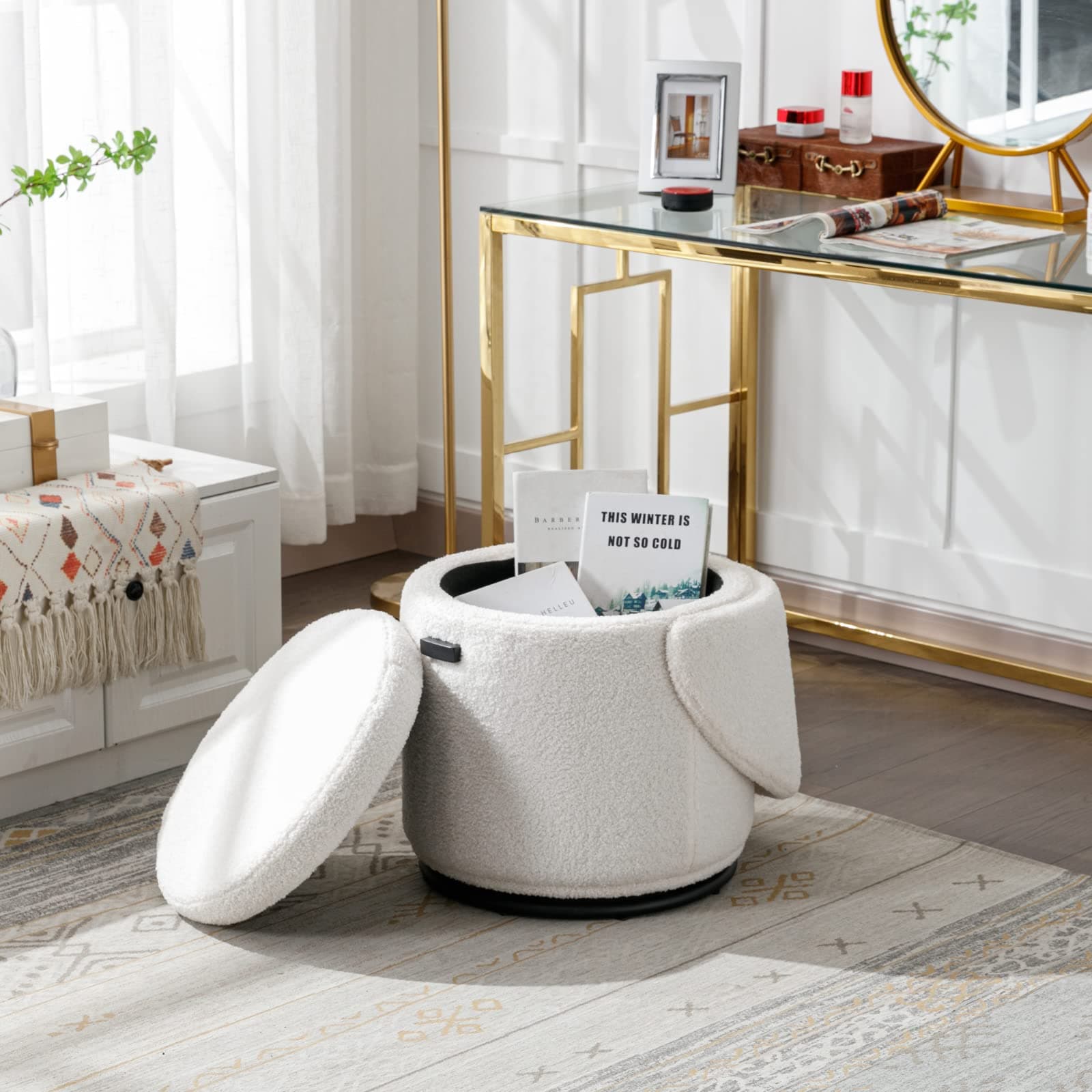 Swivel Vanity Ottoman Chair: Linen Upholstered Barrel Club 360°Degree Swivel Side Stool with Storage - Comfy Modern Makeup Stool- Bedroom Living Room - White thumbnail 6