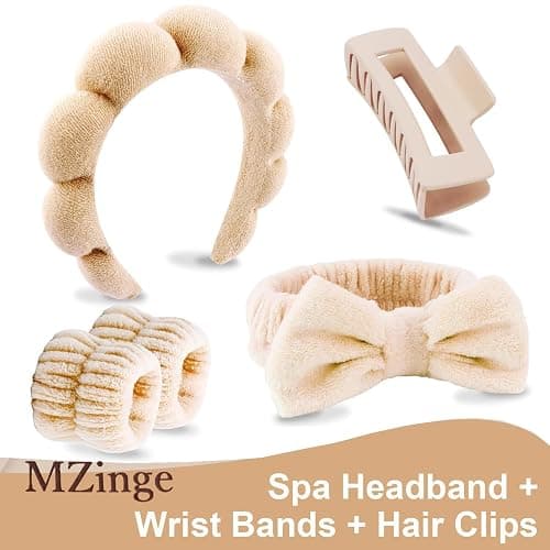 5 Pcs Spa Headbands for Wash Face, Makeup Headband, Facial Skincare Headbands, Puffy Sponge Spa Headband Bow Tie Hair Band Hair Clips Wristband Set Women Girls (khaki) thumbnail 5