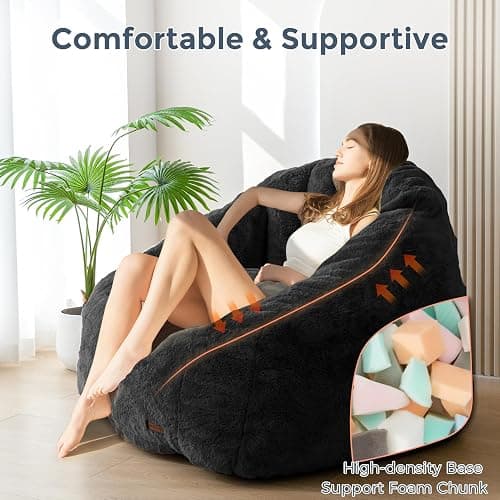 MAXYOYO Giant Bean Bag Chair, Oversized Bean Bag Couch for Adults and Kids, Faux Fur Shell-Shaped Large Chair with Filler, Stuffed Big Accent Sofa Lounge Floor Sofa for Gaming, Reading, Black thumbnail 7