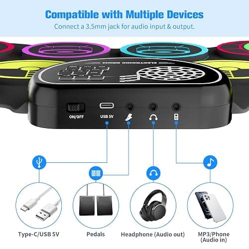 Miortior Electronic Drum Set, 10 Pads Roll-up Drum Practice Pad with Drum Pedals & Sticks, Built-in Speaker with Headphone Jack, Great Christmas & Birthday Gift for Kids thumbnail 3