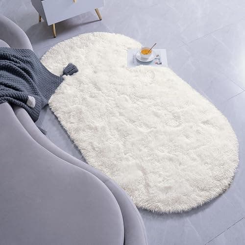 Goideal Fluffy Bedroom Rug, Small Oval Area Rugs, Cream Shag Bedside Carpet for Kids Room Nursery Dorm Cute Fuzzy Indoor Decor for Boy and Girl, 2.6 x 5.3 Feet thumbnail 3