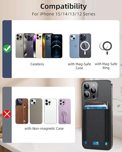 for MagSafe Wallet, Strongest Magnetic Wallet for iPhone 16/15/14/13/12 Series, 7 Cards Holder, Magnetic Phone Wallet, Leather Minimalist Slim RFID for iPhone Wallet, 1 Slot, Black & Black - Black Wallet - Black Band thumbnail 5