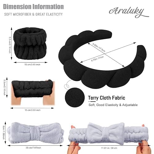 Araluky 6 Pcs Puffy Terry Cloth Headbands and Wristbands for Skincare, Makeup Removal, and Shower thumbnail 3