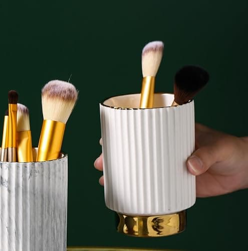 IEEK Makeup Brush holder Organizer,Glass Cosmetic Makeup Brush Cup Ceramics Brushes Storage Holder,White and Gold Modern Make Up Brush Cup Pen Pencil Holder Striped Vase thumbnail 6